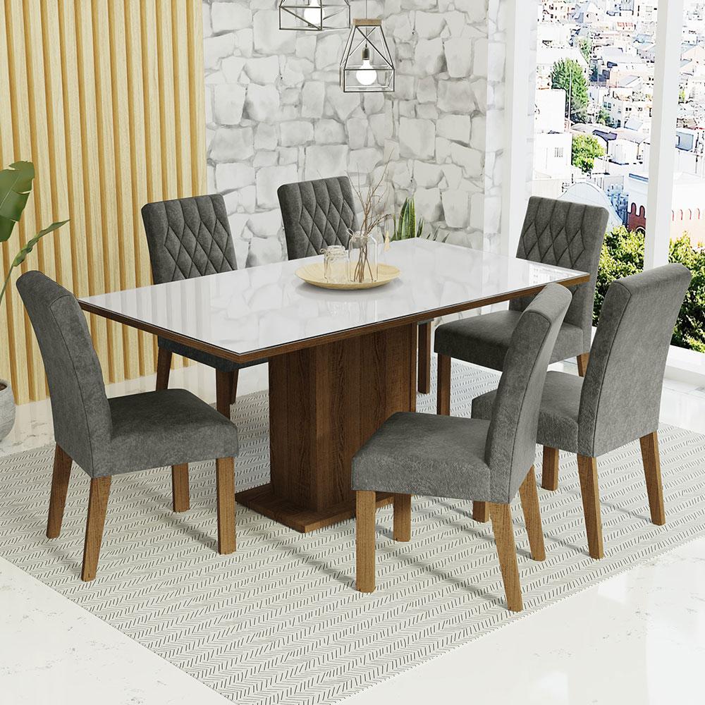 Miniatura Conjunto Sala de Jantar Mesa Tampo de Vidro 6 Cadeiras Geórgia Madesa Rustic/Branco/Silver