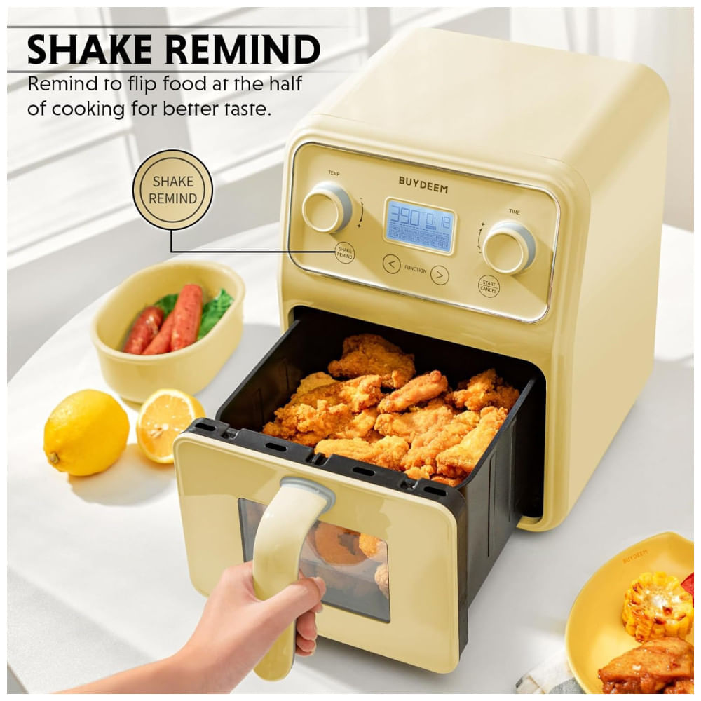 Miniatura Forno Airfryer 4 Litros 8 em 1 com Janela Retrô e Lembrete de Agitar, 110V 1200W, Buydeem, Amarela 110v