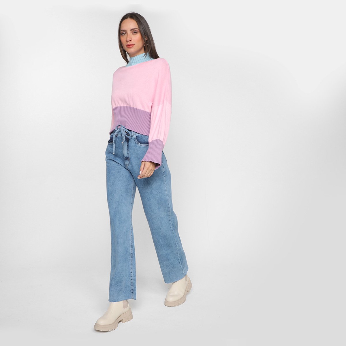 Miniatura Calça Jeans Wide Leg Morena Rosa Amarração Feminina Azul Claro - 42