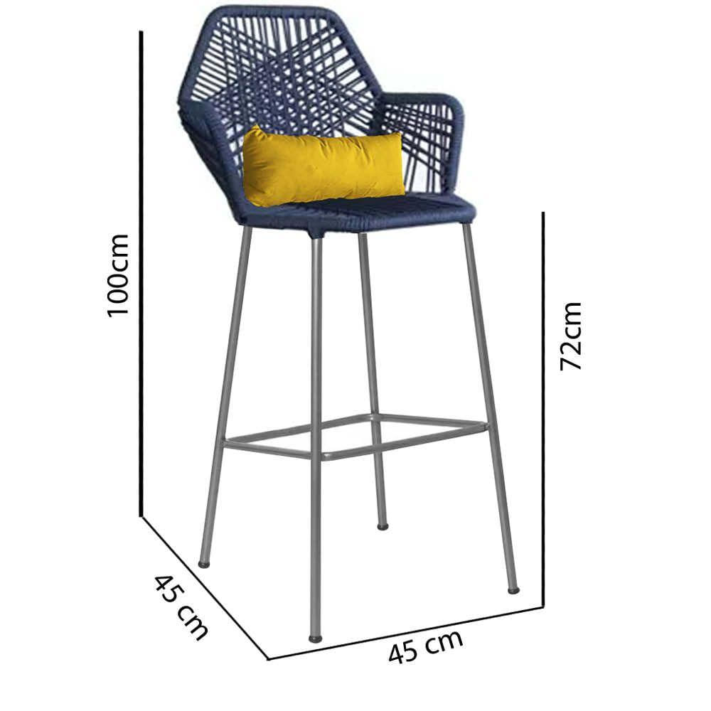 Miniatura Banqueta Alta Com Encosto Sttar Ferro Prata Fibra Azul Marinho Almofada Amarelo