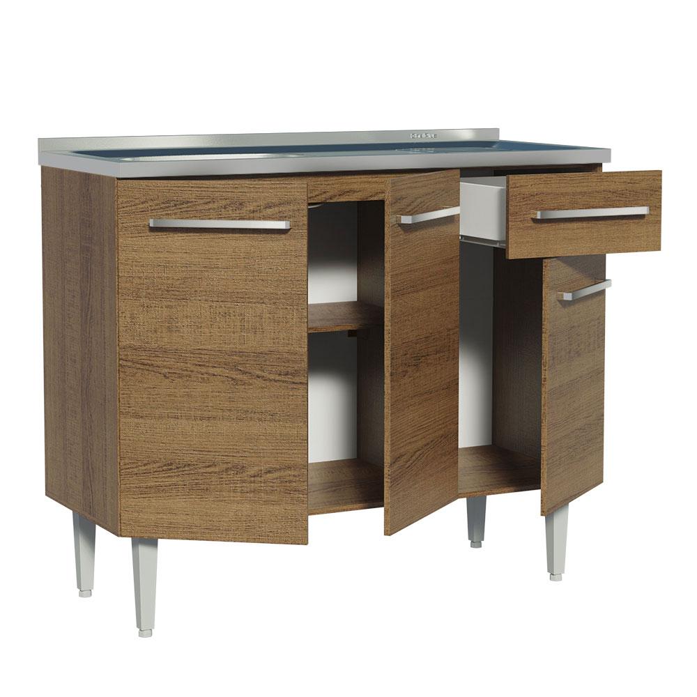 Miniatura Balcão Gabinete com Pia Armário de Cozinha 3 Portas e 1 Gaveta 105cm Rustic Emilly Madesa Rustic