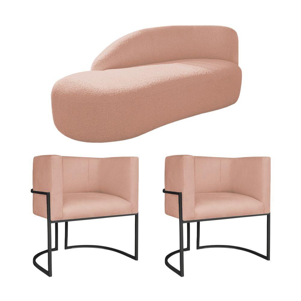 Miniatura Kit Divã Luna 160cm Lado Esquerdo E 02 Poltronas Base De Ferro Preto Suede Rosê