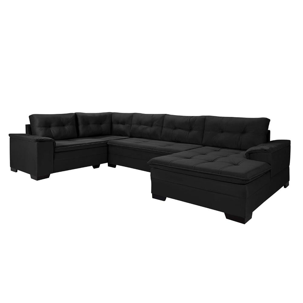 Miniatura Sofá de Canto 6 Lugares Com Chaise Suede Aveludado Viena Império Estofados Preto