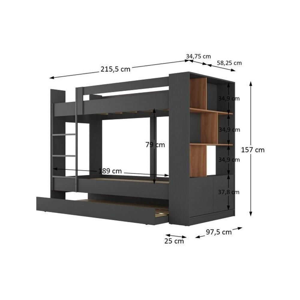 Miniatura Quarto Juvenil Completo com Beliche e Guarda Roupa Nápoles Espresso Móveis Grafite/Nogal