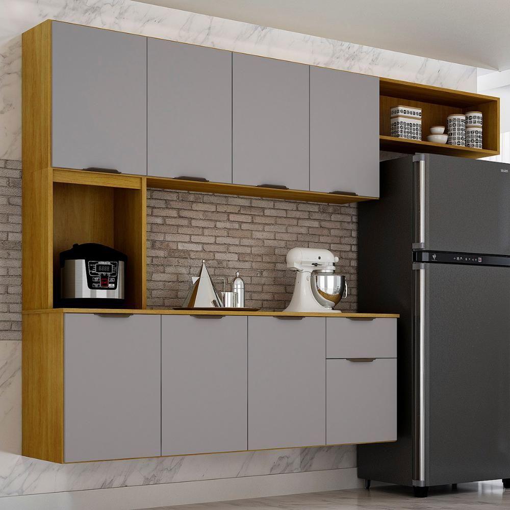 Miniatura Armario De Cozinha Nara Compacta 8 Portas Com 1 Gaveta 193cm Cinamomo/cinza