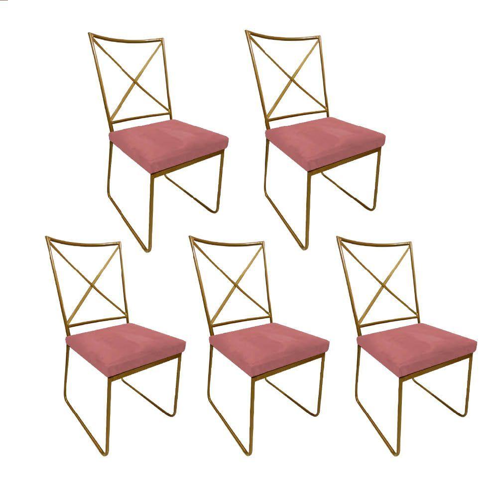 Miniatura Kit 05 Cadeiras Sala De Jantar Clark Ferro Dourado Suede Rose Gold - Amey Decor