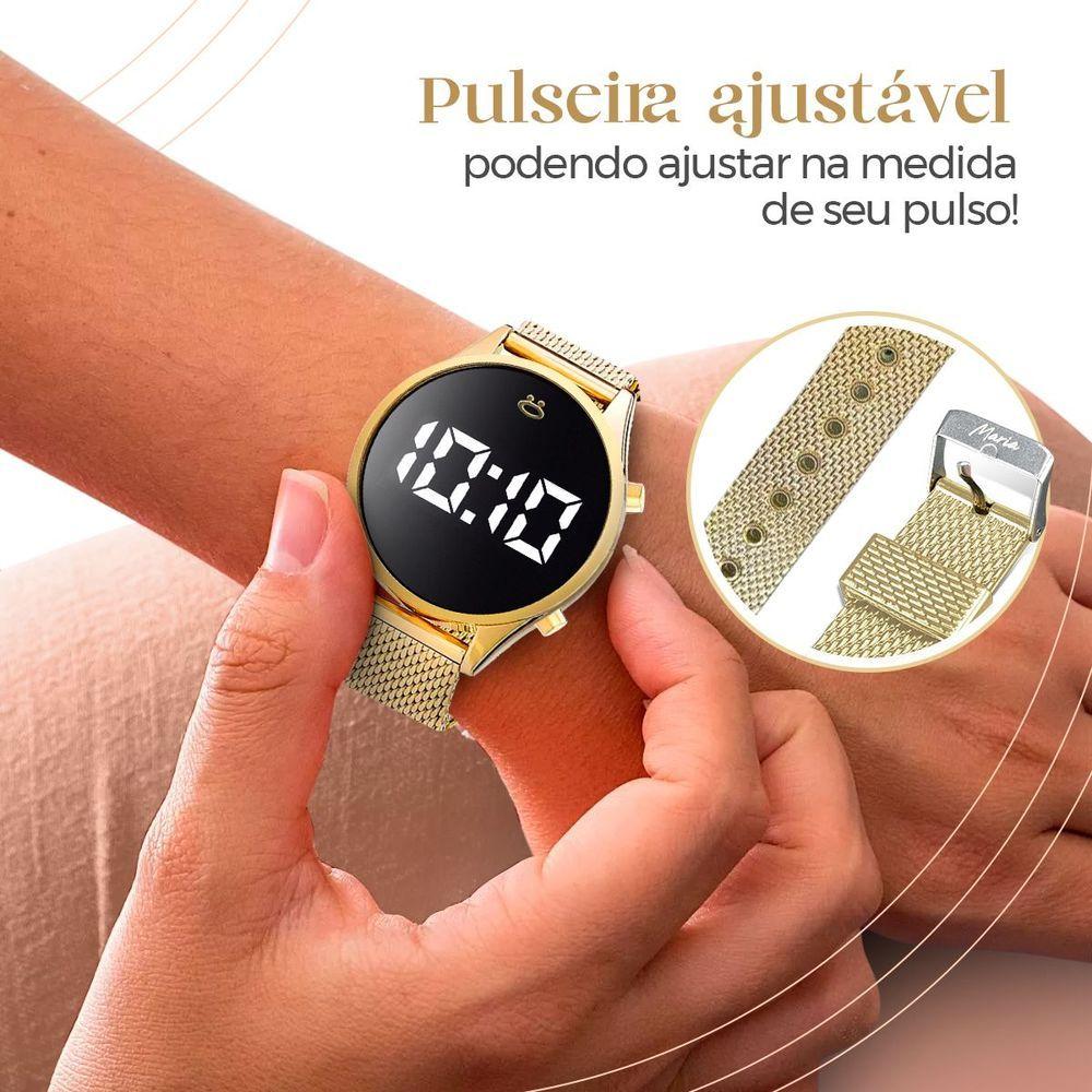 Miniatura Relogio Feminino Digital Dourado + Caixa Colar Silicone Led