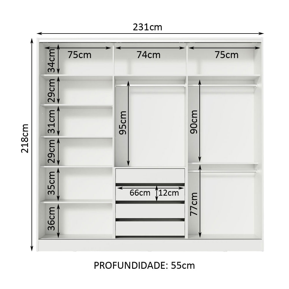 Guarda Roupa Casal 100% MDF Madesa Zurique 3 Portas de Correr com Espelhos Branco/Preto Cor:Branco/Preto
