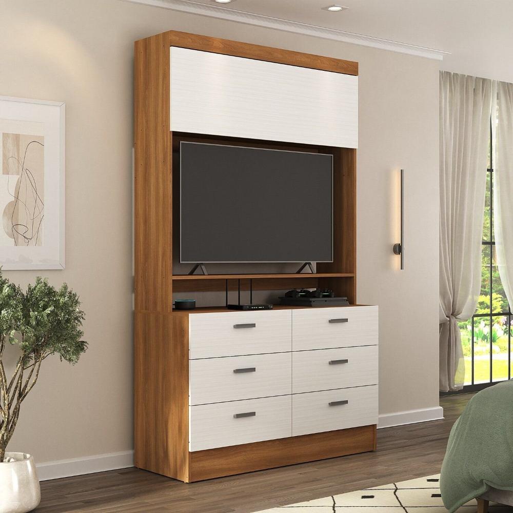 Miniatura Cômoda para Quarto para Tv até 42 Polegadas Viena 1 Porta 6 Gavetas Yescasa Nogal/Branco