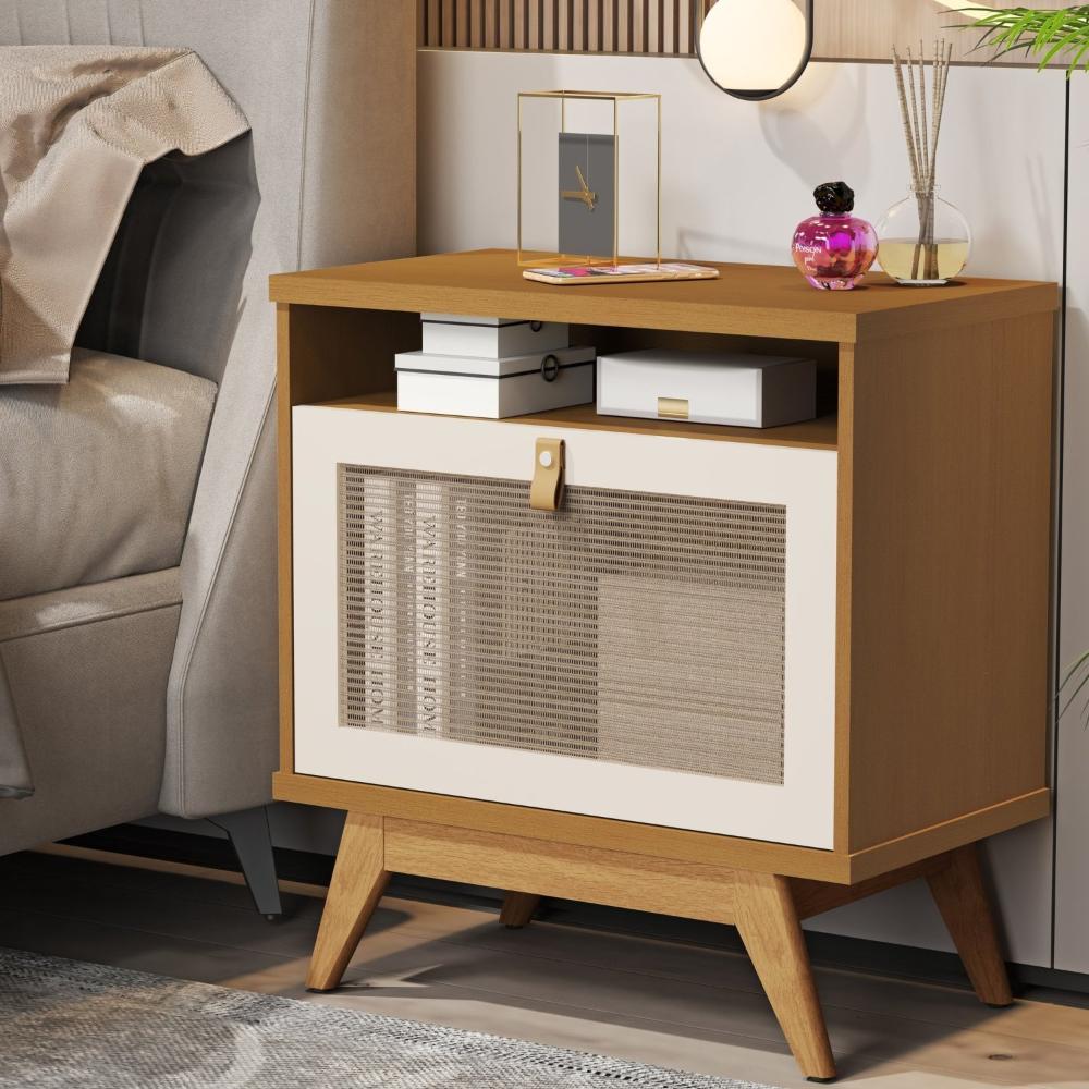 Miniatura Mesa Cabeceira Jb 2300 com Porta em Rattan e Puxador de Couro Nature/Pérola