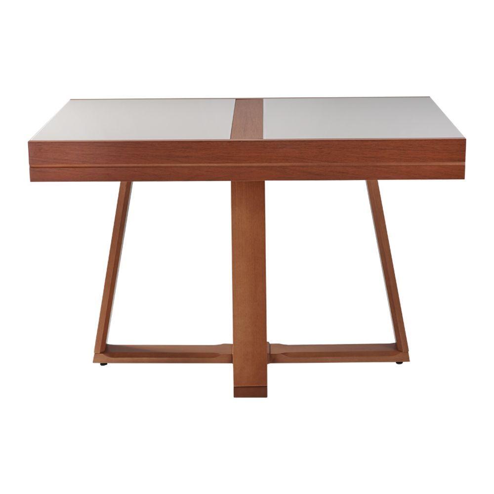 Mesa De Jantar Caroline 1,20m Extensível 1,80m Em Madeira Maciça Imbuia Tampo Vidro Off White