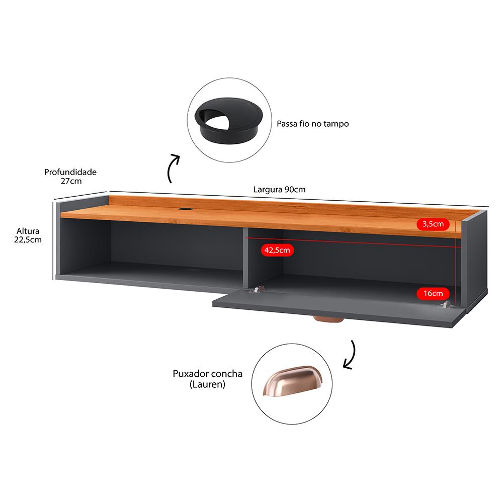 Miniatura Rack Suspenso Home Classic Tv 32 42 50 Polegadas 1 Porta Puxador Concha Decoração Minimalista Quarto Sala Recepção Cinza/Cinamomo - Lojas RPM