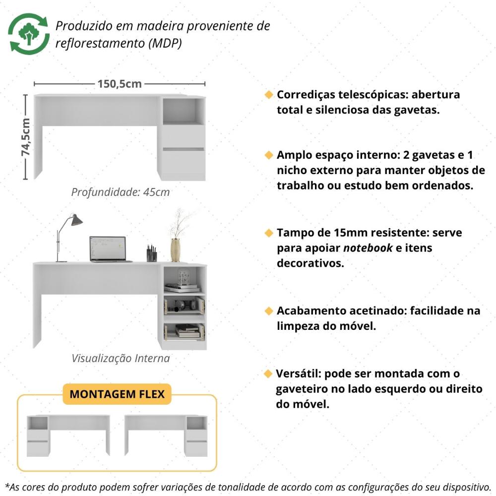 Miniatura Escrivaninha 150,5cm com Nicho e 2 Gavetas Flex Multimóveis MP6035 Branco