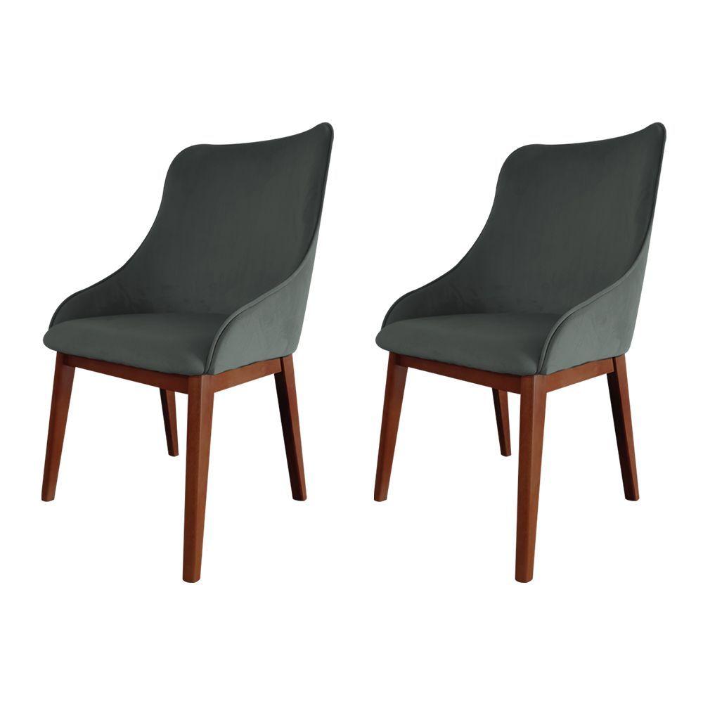 Miniatura Kit 2 Cadeiras De Jantar Estofada Elisa Anatômica Veludo Cinza Base Madeira Maciça Imbuia Cinza