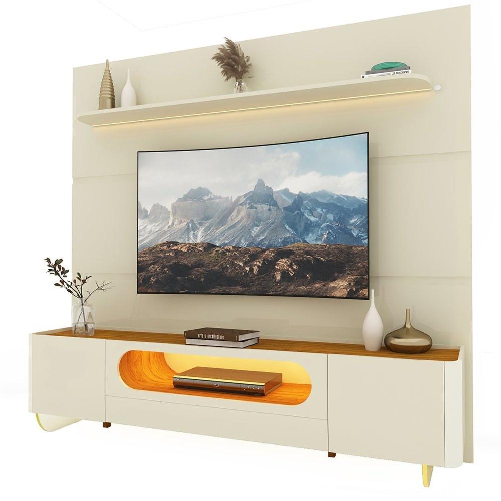 Miniatura Rack com Painel para Tv até 85 Polegadas 1 Gaveta 2 Portas com Led 1 Prateleira Off White/Off White-Naturale