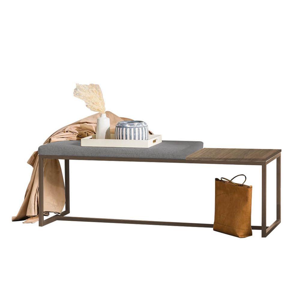 Miniatura Banco Recamier Puff 160cm Industrial Marrom Suede Cinza Tampo Quadrado Mdf Nogal