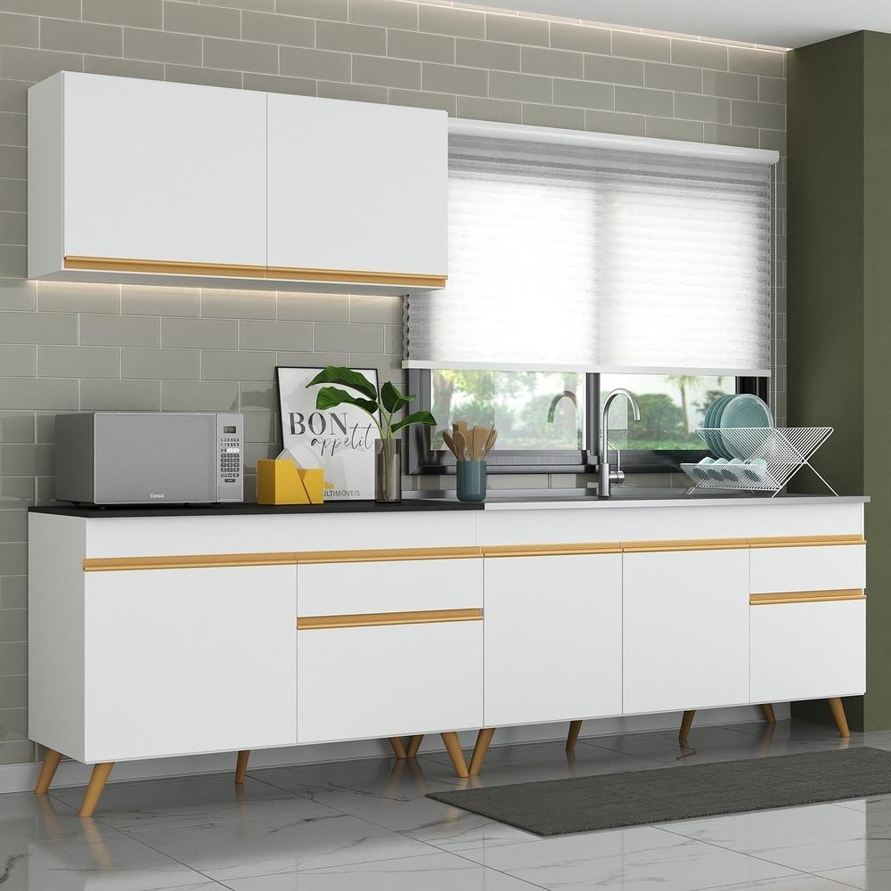 Armário de Cozinha Compacta 270cm Veneza Multimóveis V2076 Branco/Dourado