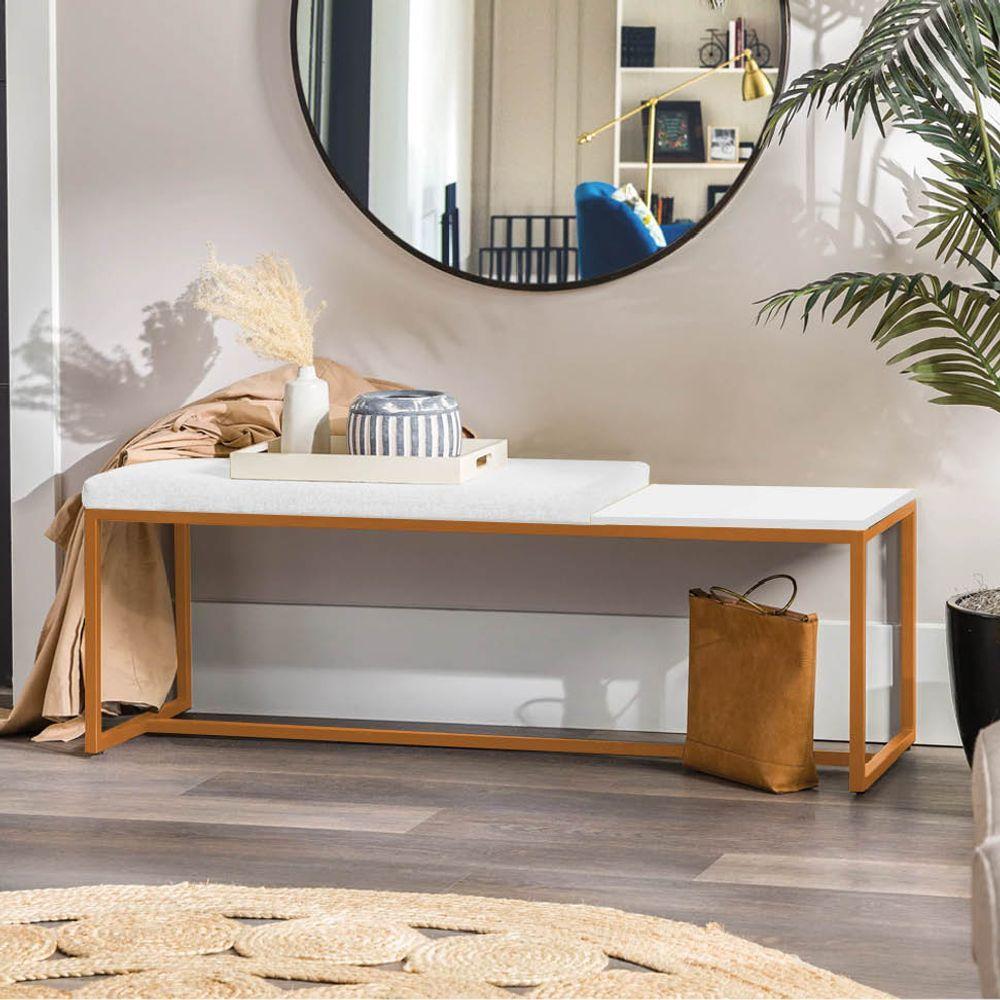 Miniatura Banco Recamier Puff London 195cm Industrial Bronze Sintético Branco Tampo Quadrado Mdf Branco