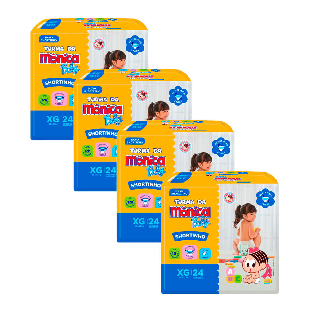 Miniatura Kit 4 Fralda Shortinho Turma da Mônica Baby Tamanho XG com 24 Fraldas Descartáveis