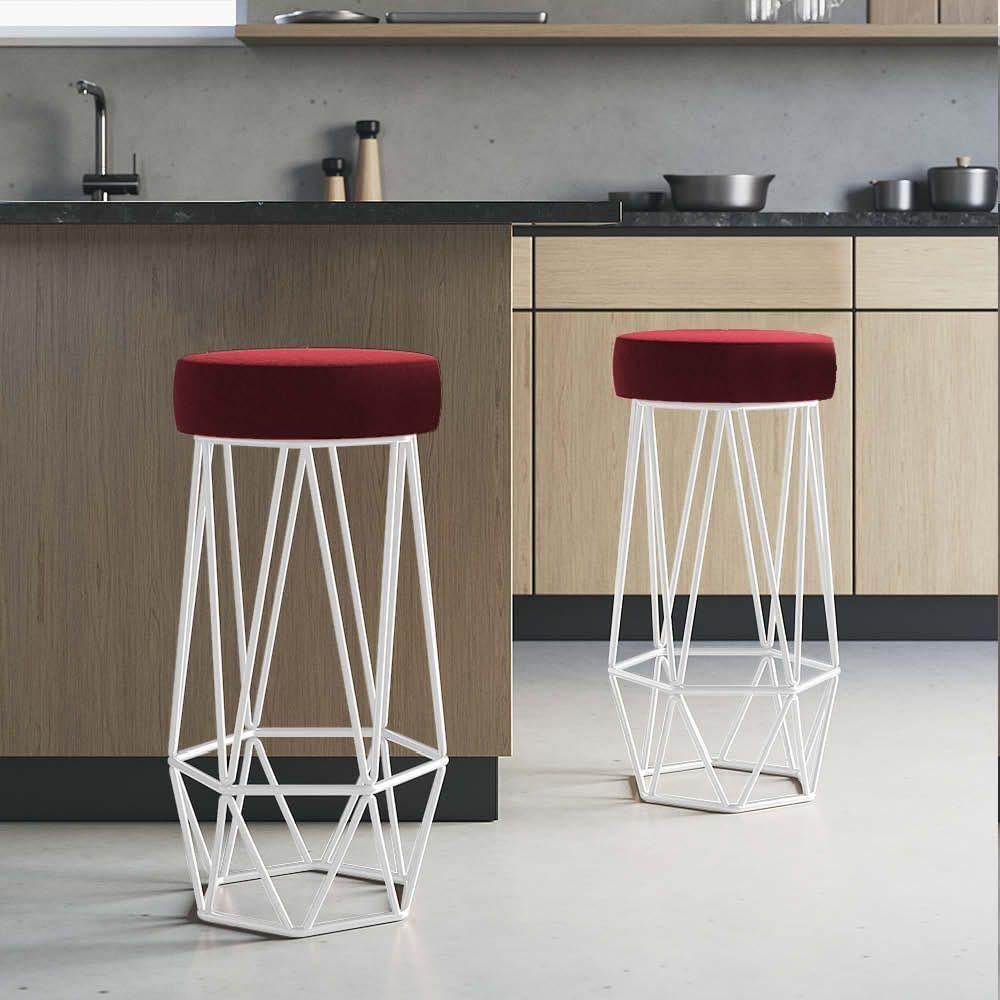 Miniatura Banqueta Com Encosto Mhara Hexágono Cozinha Bar Ferro Branco Sintético Vermelho - Amey Decor