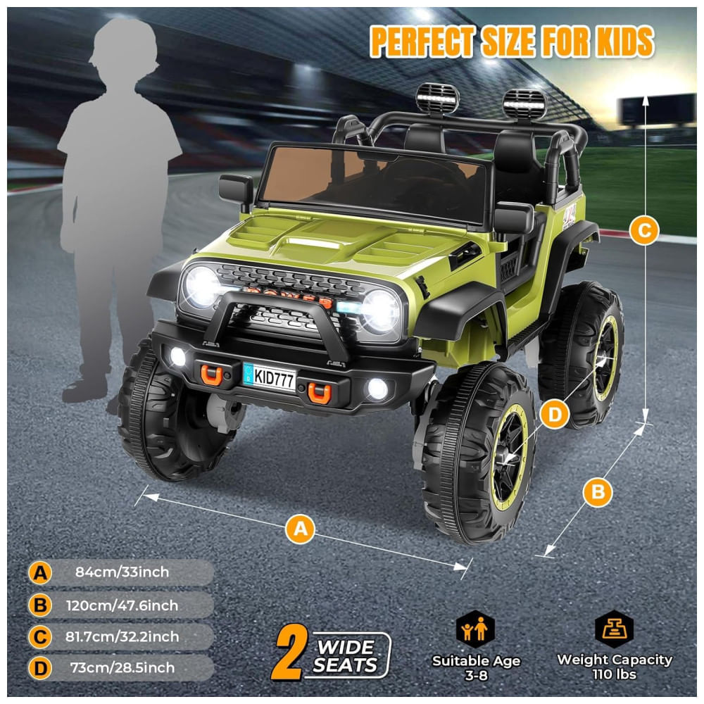 Miniatura Carro Elétrico Infantil, Jeep 4x4 com Controle Remoto, 2 Lugares, Música via Bluetooth e Luzes LED, 24V, Hikole, Verde 110v