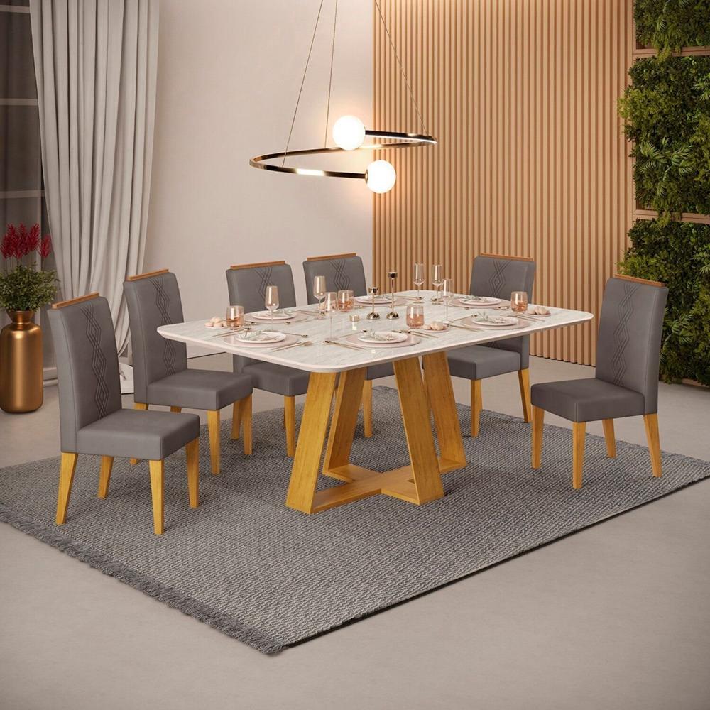 Miniatura Mesa Kiara 1,70 Quartzo com 6 Cadeiras Yasmin Cedro/ Quartzo/ Lunar