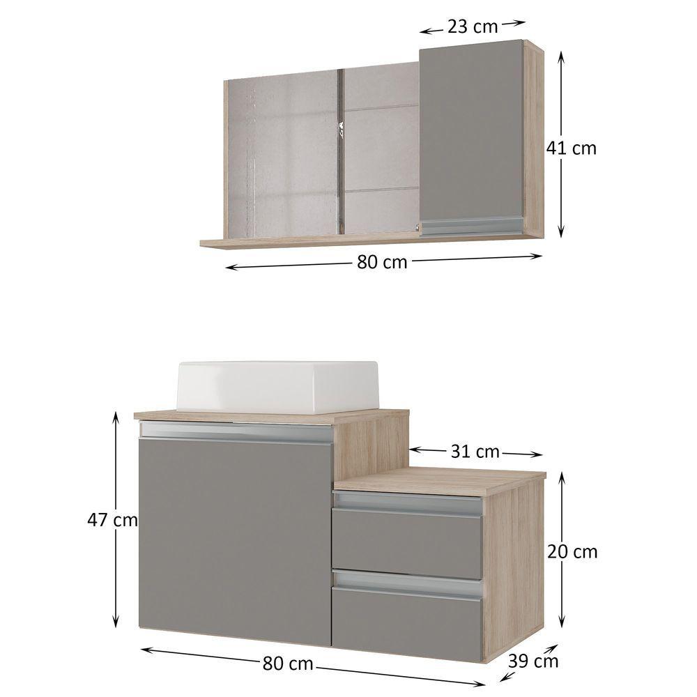 Miniatura Conjunto Gabinete Banheiro Cross 80 (gabinete+espelheira+cuba) Madeirado Cinza