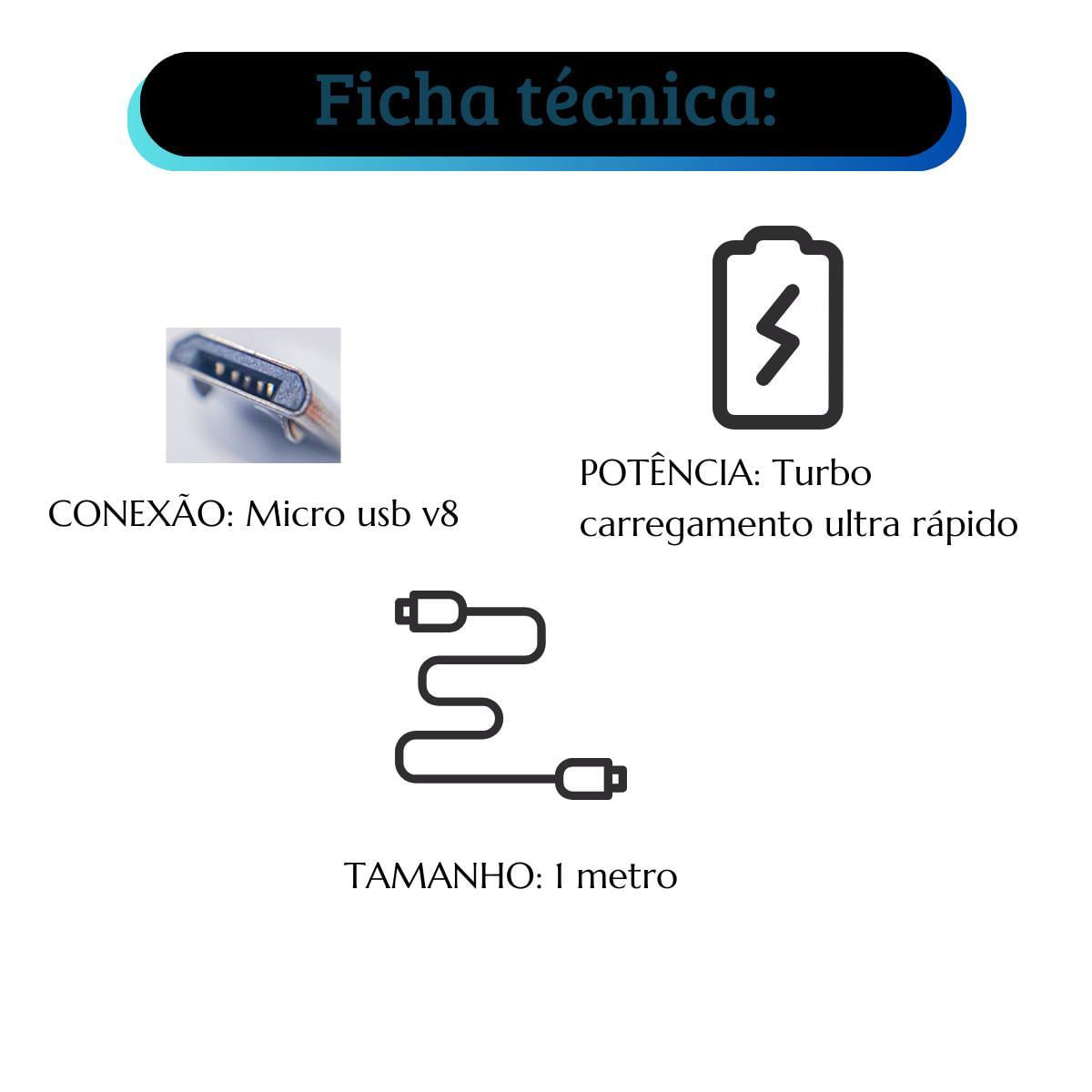 Miniatura Kit 2 Cabo Carregador Turbo Micro Usb V8 Celular 1,2M Dados