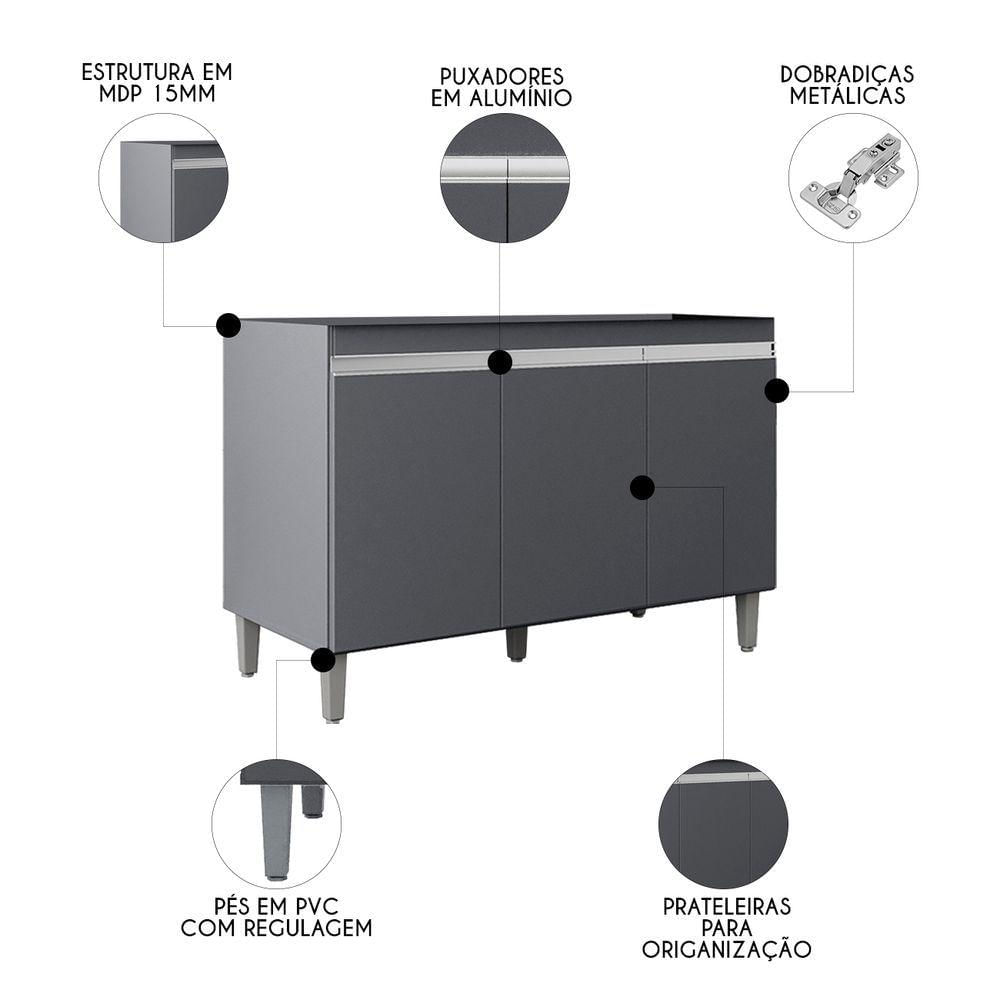 Miniatura Balcão De Cozinha Com Pia Inox 120cm 3 Portas Manu Cinza - Ajl Móveis