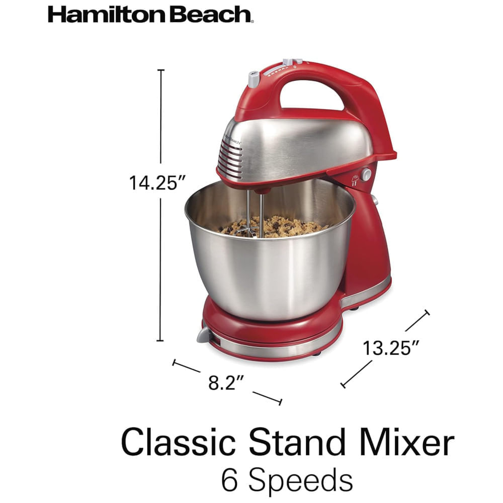 Batedeira Hamilton Beach 4 Litros, 6 Velocidades, 290W, Vermelha - Stand Mixer e Batedor de Mão com QuickBurst e Descanso da Tigela