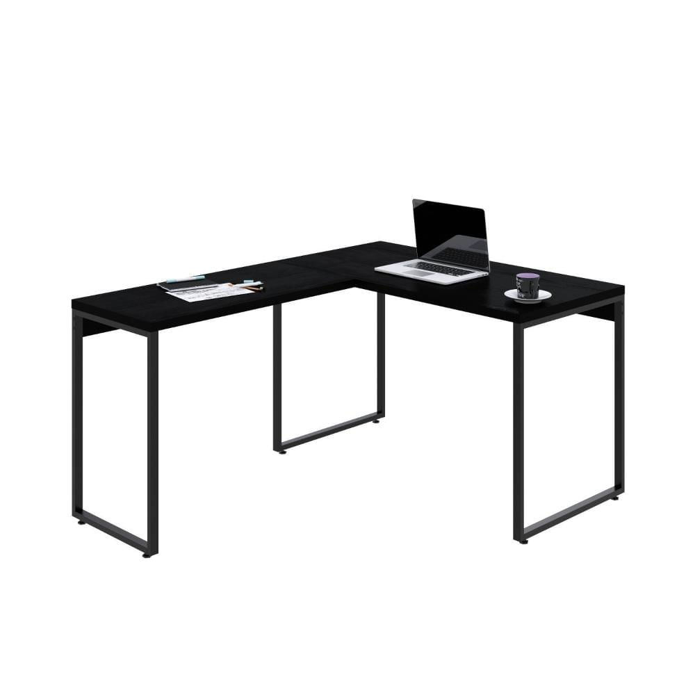 Miniatura Mesa de Escritório em L Estilo Industrial 120x150cm Kuadra Preto Ônix / Est.Preta
