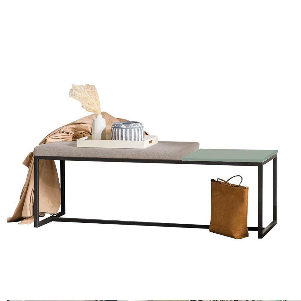 Miniatura Banco Recamier Puff 140cm Industrial Preto Suede Bege Tampo Quadrado Mdf Verde