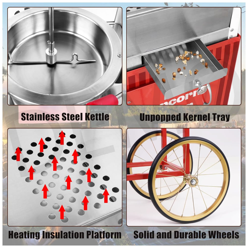 Miniatura Máquina de Pipoca Profissional Vintage com Carrinho Móvel e Capacidade de 0,28g Fredeer 110v