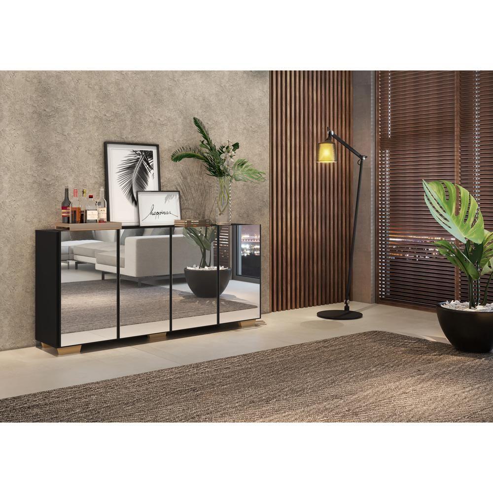 Aparador Buffet 4 Portas com Espelho e Pés Preto/natural