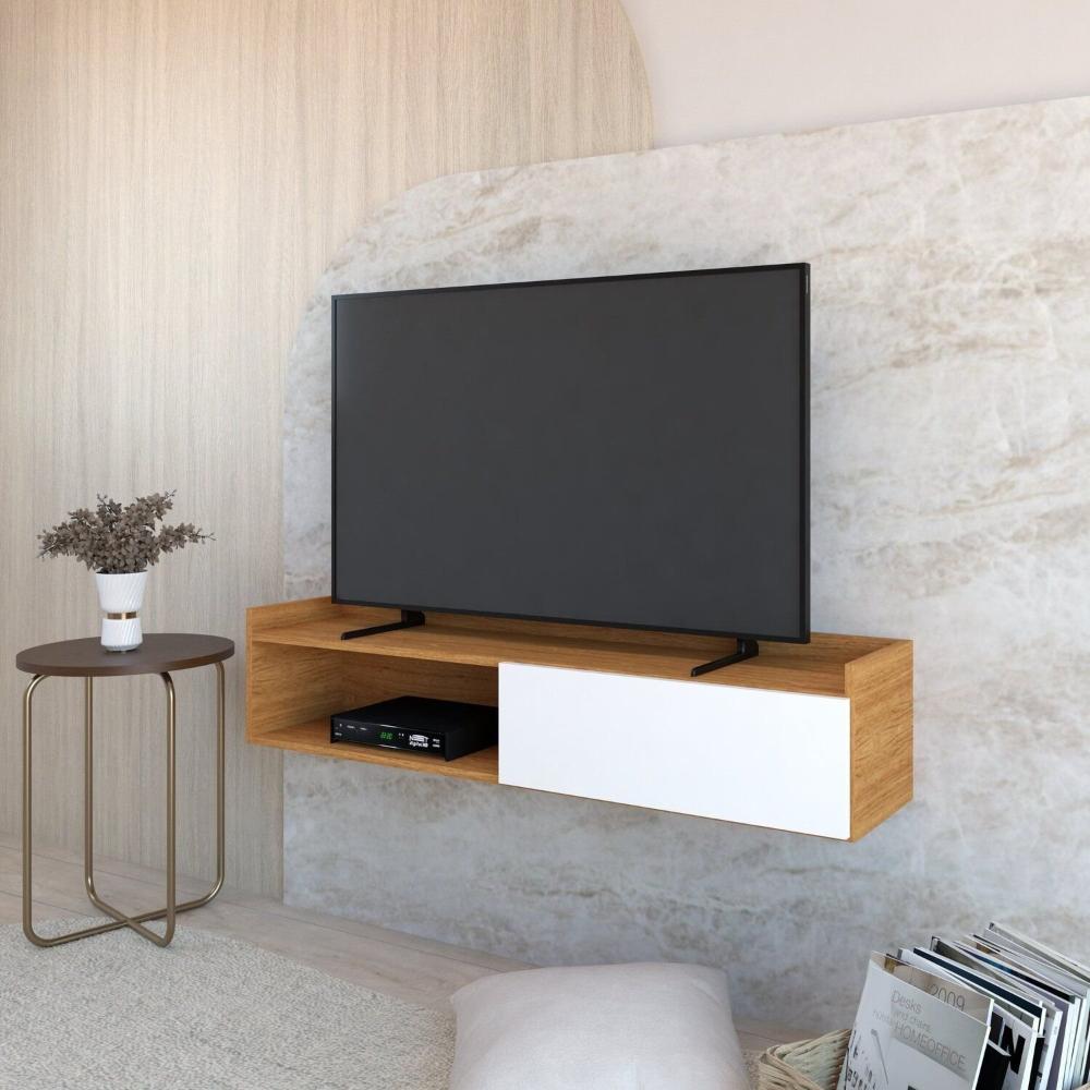 Miniatura Rack Suspenso para Tv até 50 Pol. com 1 Porta e 1 Nicho Atena Freijó Com Branco