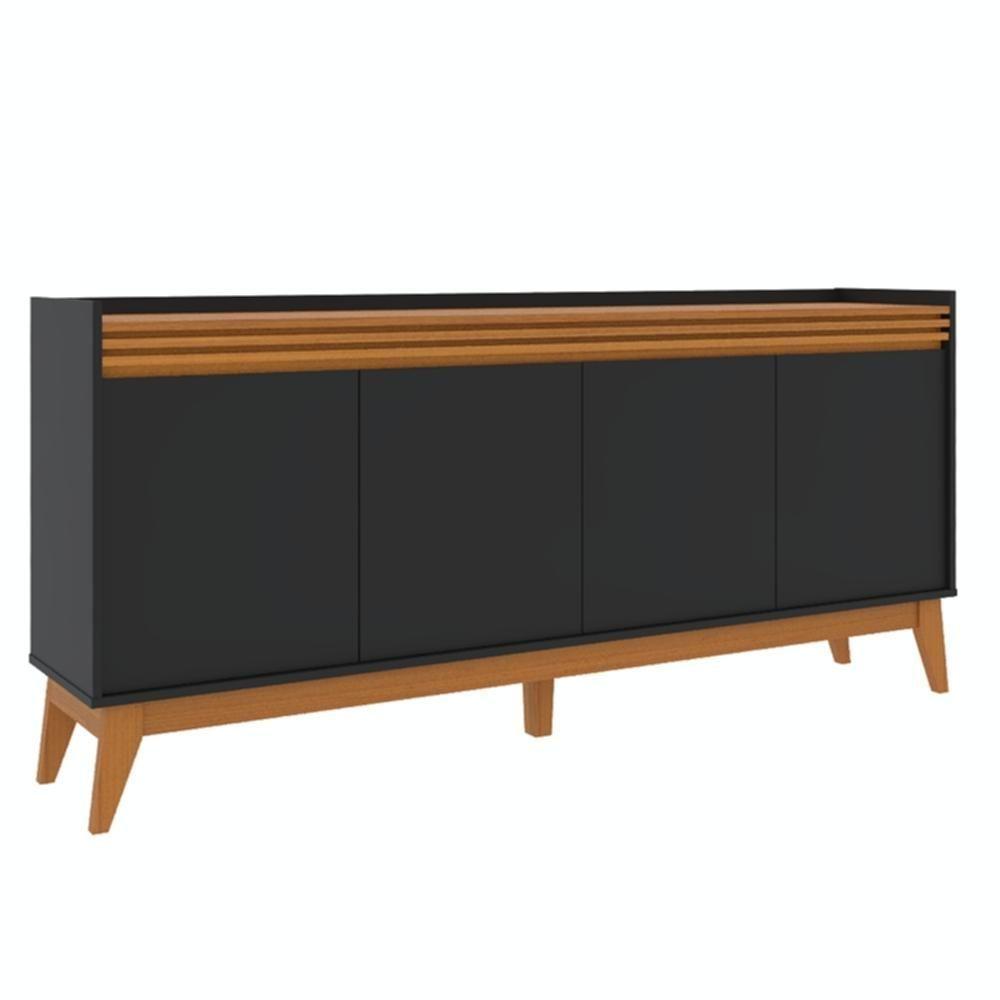 Buffet Aparador Ripado 4 Portas Com Pés De MDF Astúrias 180cm Preto Cedro
