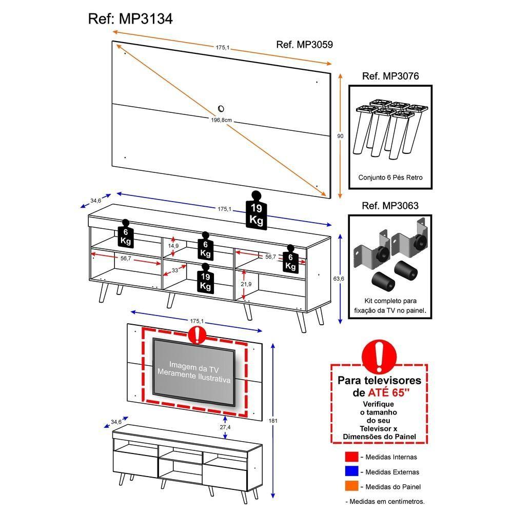 Miniatura Rack com Painel TV até 65" e Pés Retrô Flórida Multimóveis