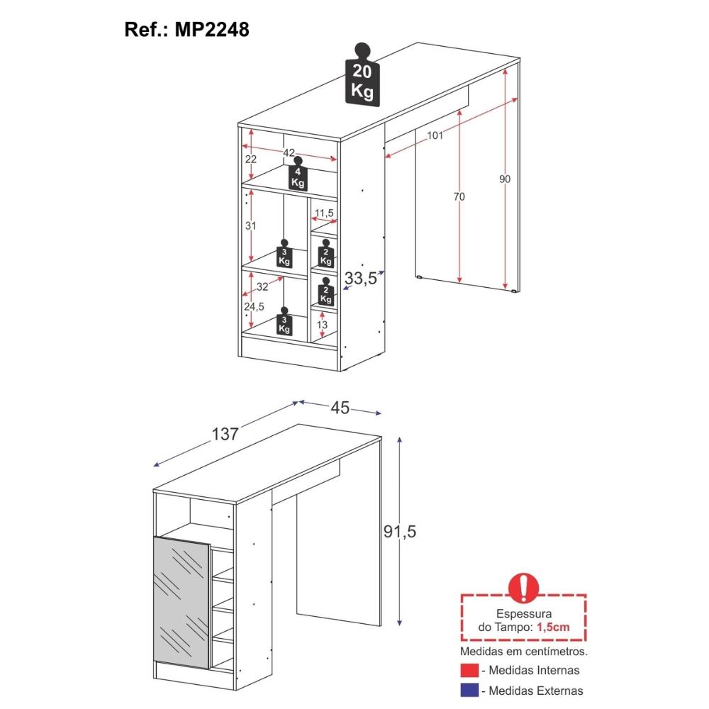 Miniatura Bancada Balcão/Mesa de Cozinha com Adega 1 Porta e Espelho Multimóveis MP2248 Branco
