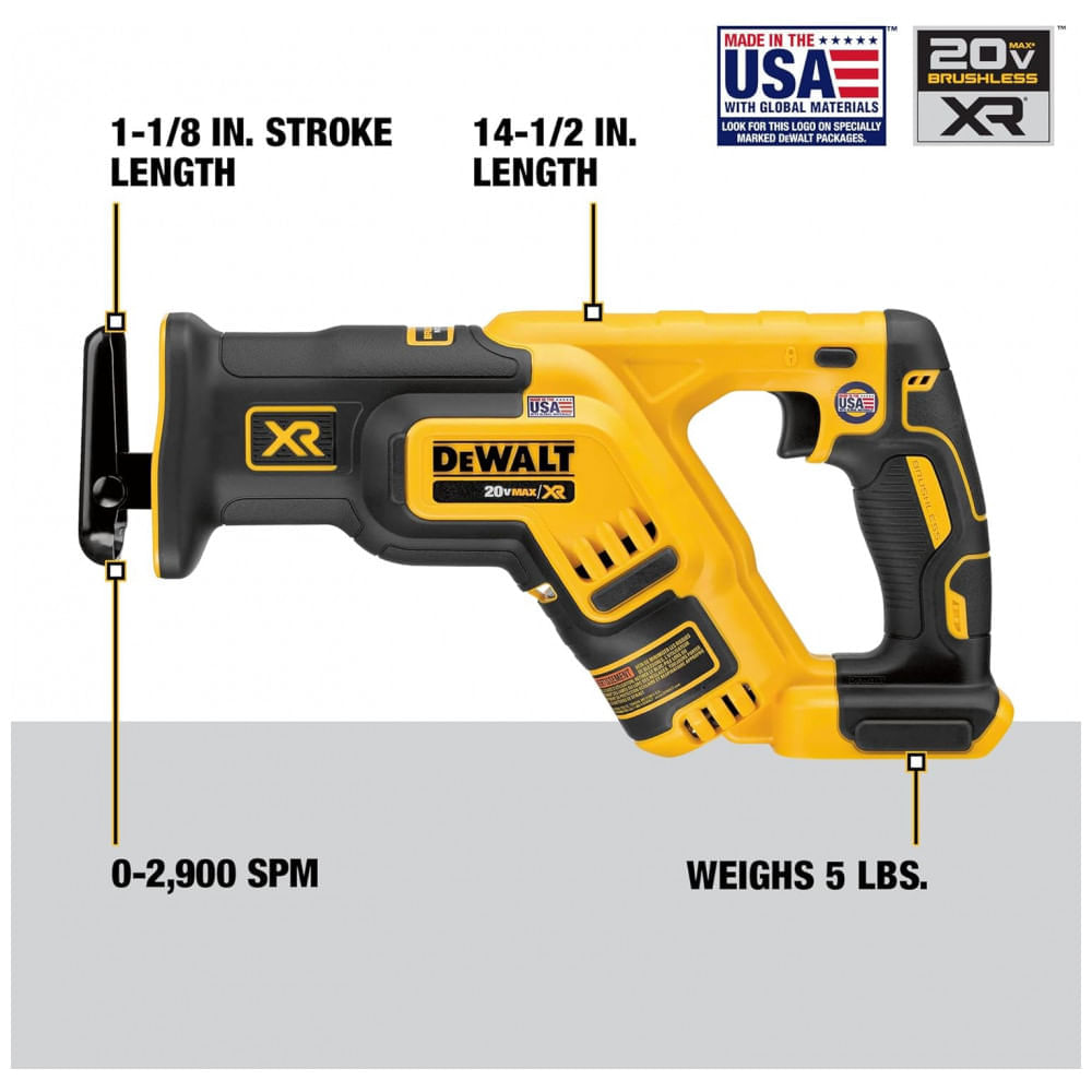 Miniatura Serra Sabre Giratória Compacta até 2.900 SPM de Velocidade, 110v, DEWALT DCS367B, Amarelo