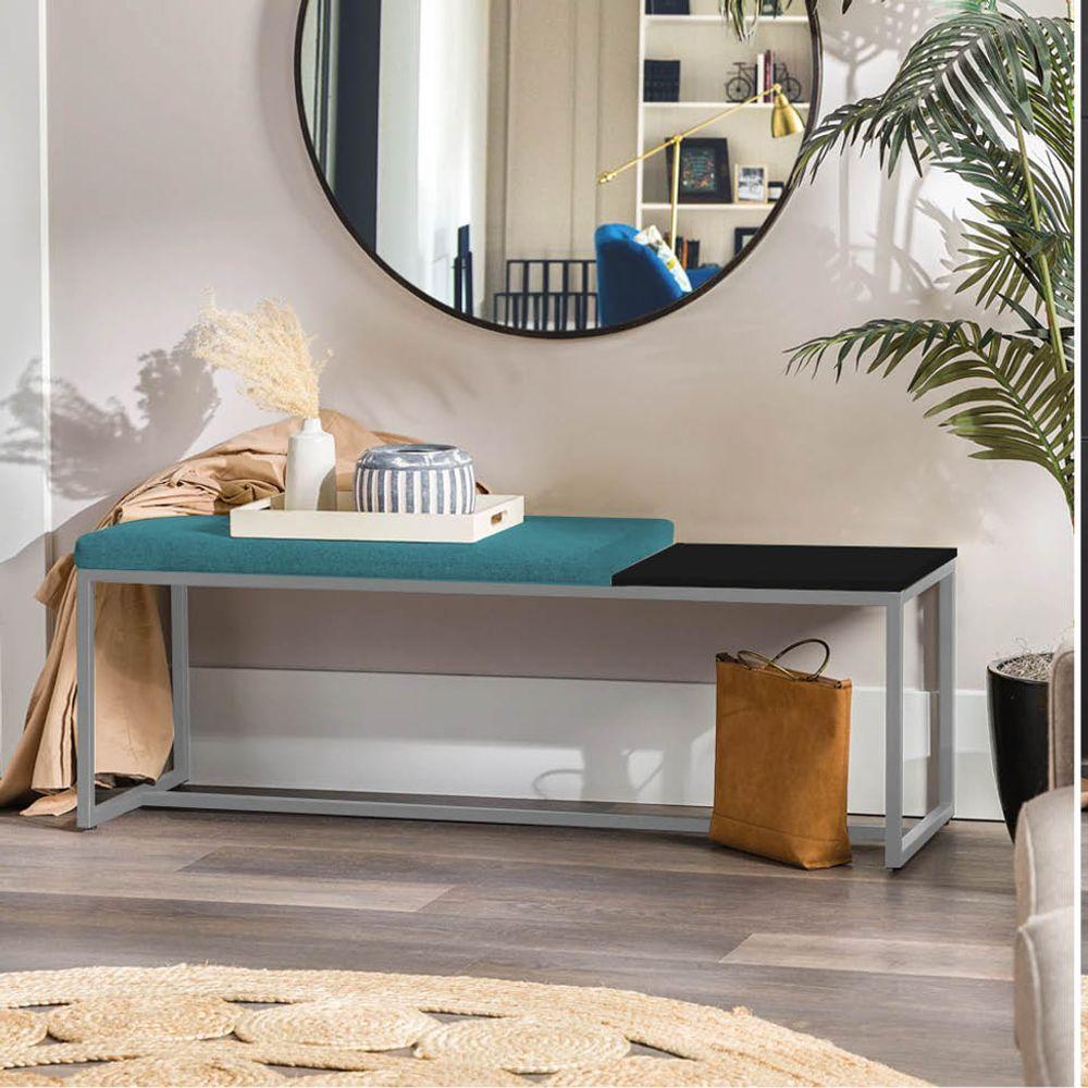 Miniatura Banco Recamier Puff 160cm Industrial Cinza Suede Azul Turquesa Tampo Quadrado Mdf Preto