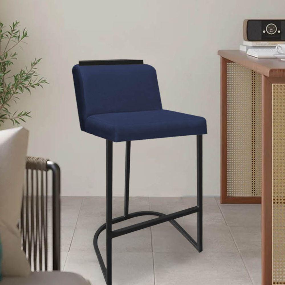 Miniatura Banqueta Com Encosto Nynna Luxo Confort Bistrô Cozinha Ferro Preto Corino Azul Marinho - Amey Decor