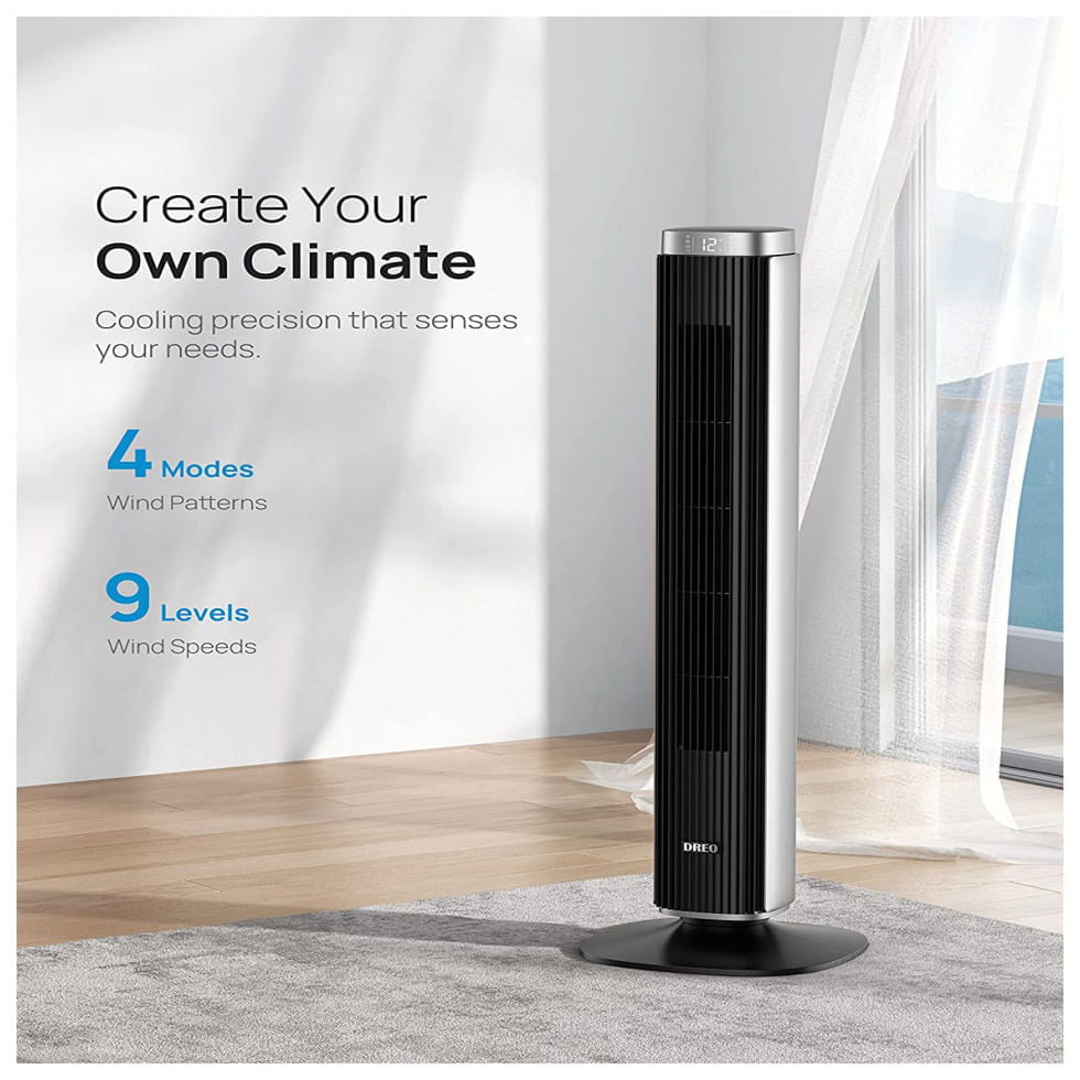 Miniatura Ventilador de Torre Dreo DR HTF005 com 9 Velocidades, Controle Remoto, Tela LED e Desligamento Automático, 110V, Cinza