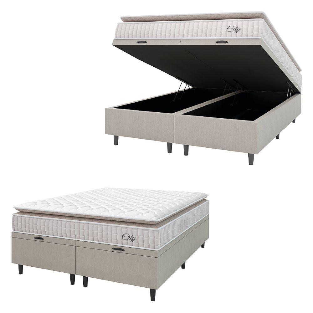 Miniatura Cama Box Colchão Baú Casal King Molas Ensacadas City Pillow Top 193x203x64cm Bege Branco
