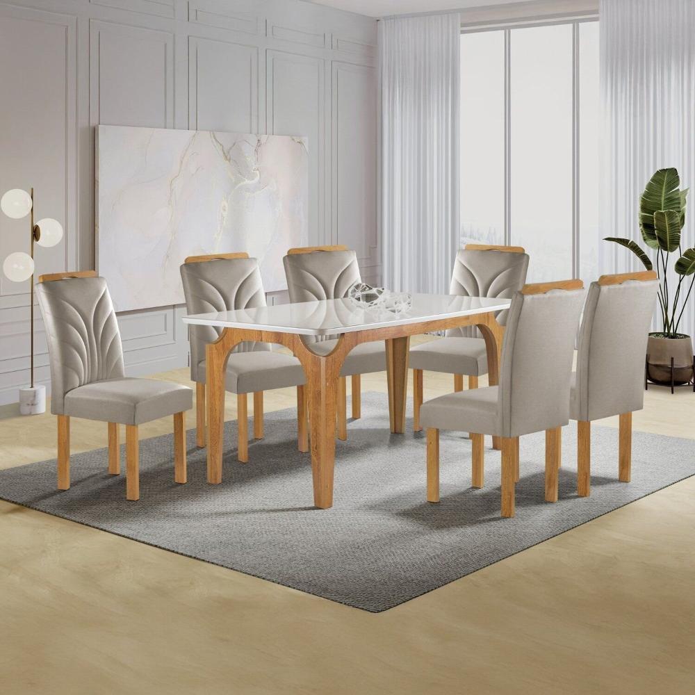 Miniatura Conjunto Mesa Melina 170cm X 90cm com 6 Cadeiras Carolina Tampo Smart Plus com Vidro Cinamomo/Off White/Bege Claro