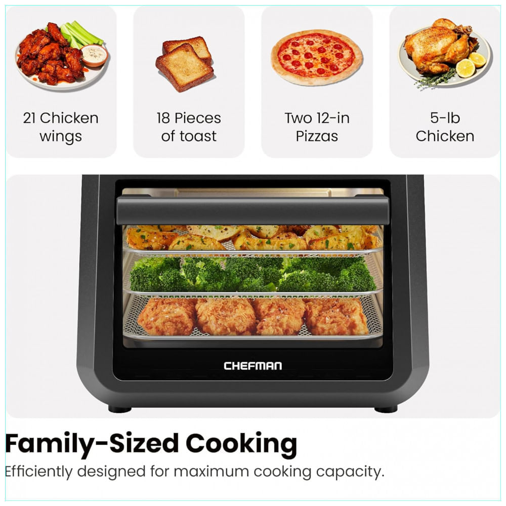 Forno Fritadeira AirFryer 6 em 1 com 12 Predefinições, Rotisserie e Desidratador, 110V 1700W, Chefman, Preto