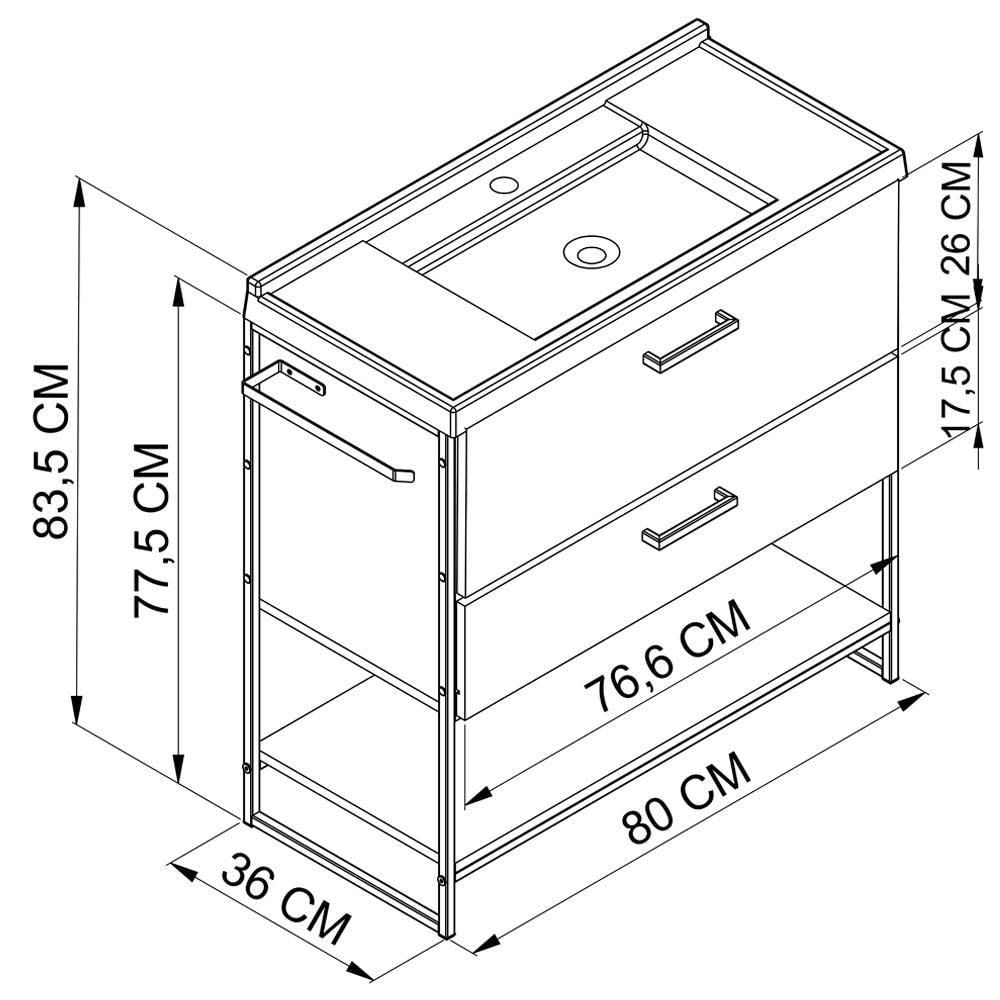 Gabinete Banheiro 80 Cm Com Lavatorio Marmorite Preto Mell P1008 Pp Preto Mell