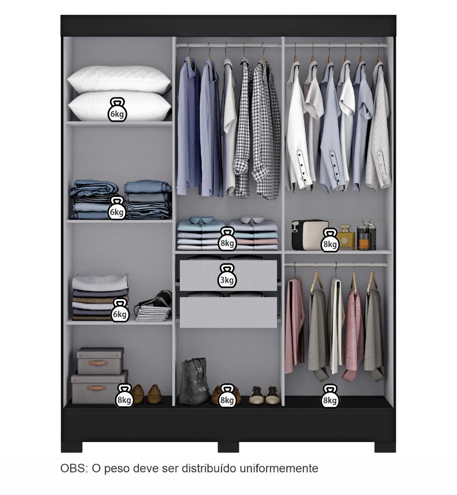 Miniatura Guarda Roupa Casal com Espelho 3 Portas Atenas Yescasa Preto