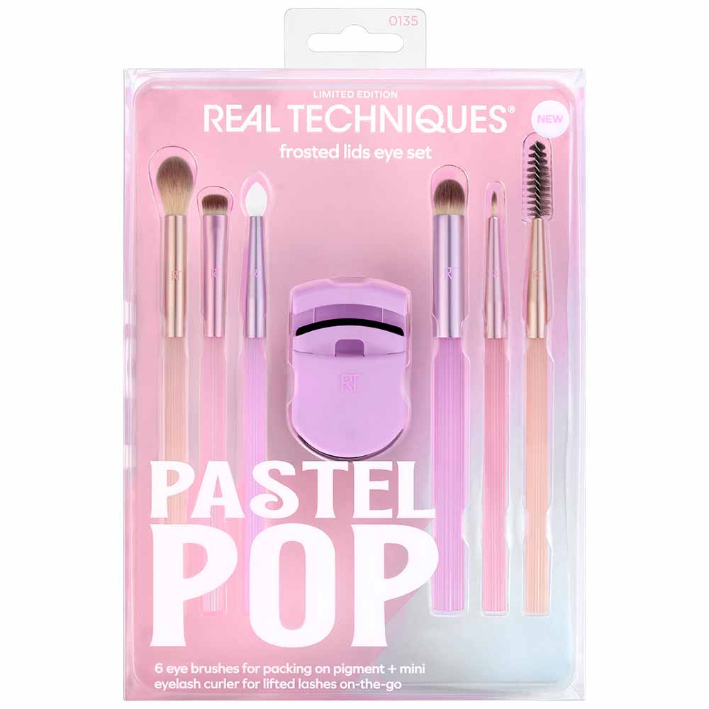 Miniatura Real Techniques Pastel Pop Frosted Lids Eye Kit - 6 Pincéis para Olhos + 1 Mini Curvador de Cílios Kit