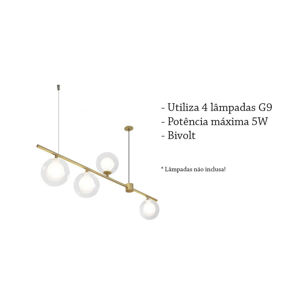 Miniatura Pendente 4 Globos Vidro Duplo Transparente Dourado Zan84