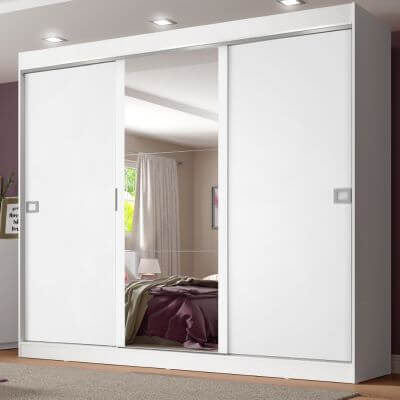 Miniatura Guarda-Roupa Casal Madesa Napoli 3 Portas de Correr Central com Espelho Branco Cor:Branco
